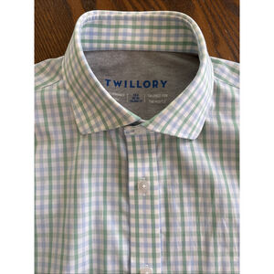 Twillory Shirt Mens 15 32-33 Blue green Check Tailored Fit Flip Cuffs